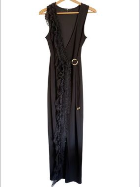 Valentine Black Lace Trim Wrap Effect Sleeveless Evening Party Maxi Dress size M